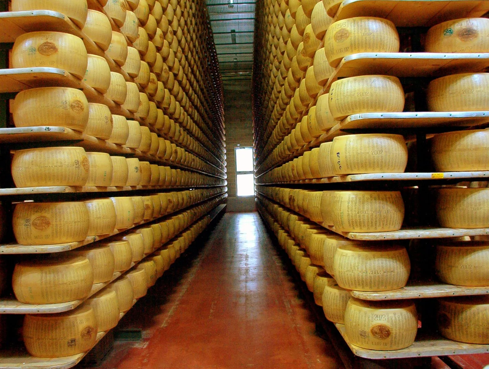 Un lungo corridoio di un magazzino di stagionatura con scaffali alti fino al soffitto pieni di forme di Parmigiano Reggiano marchiate sulla crosta